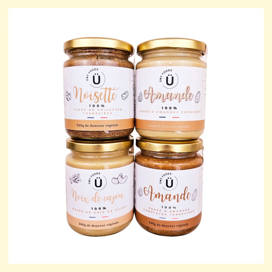 Pack de 4 purées 100% fruits secs oléagineux: Amandes grillées, Amandes émondées, Noisettes grillées, Noix de cajou - ÜMY